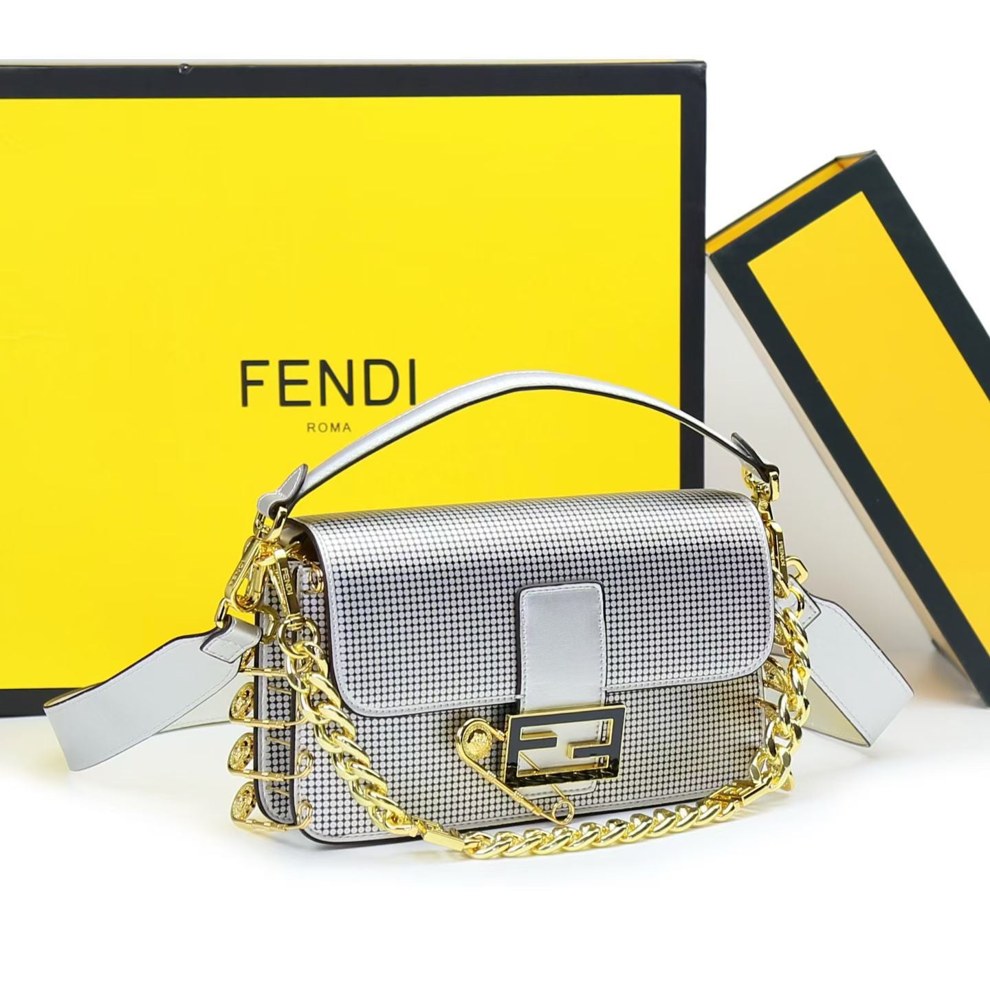 FENDI Baguette Silver Crossbody Bag