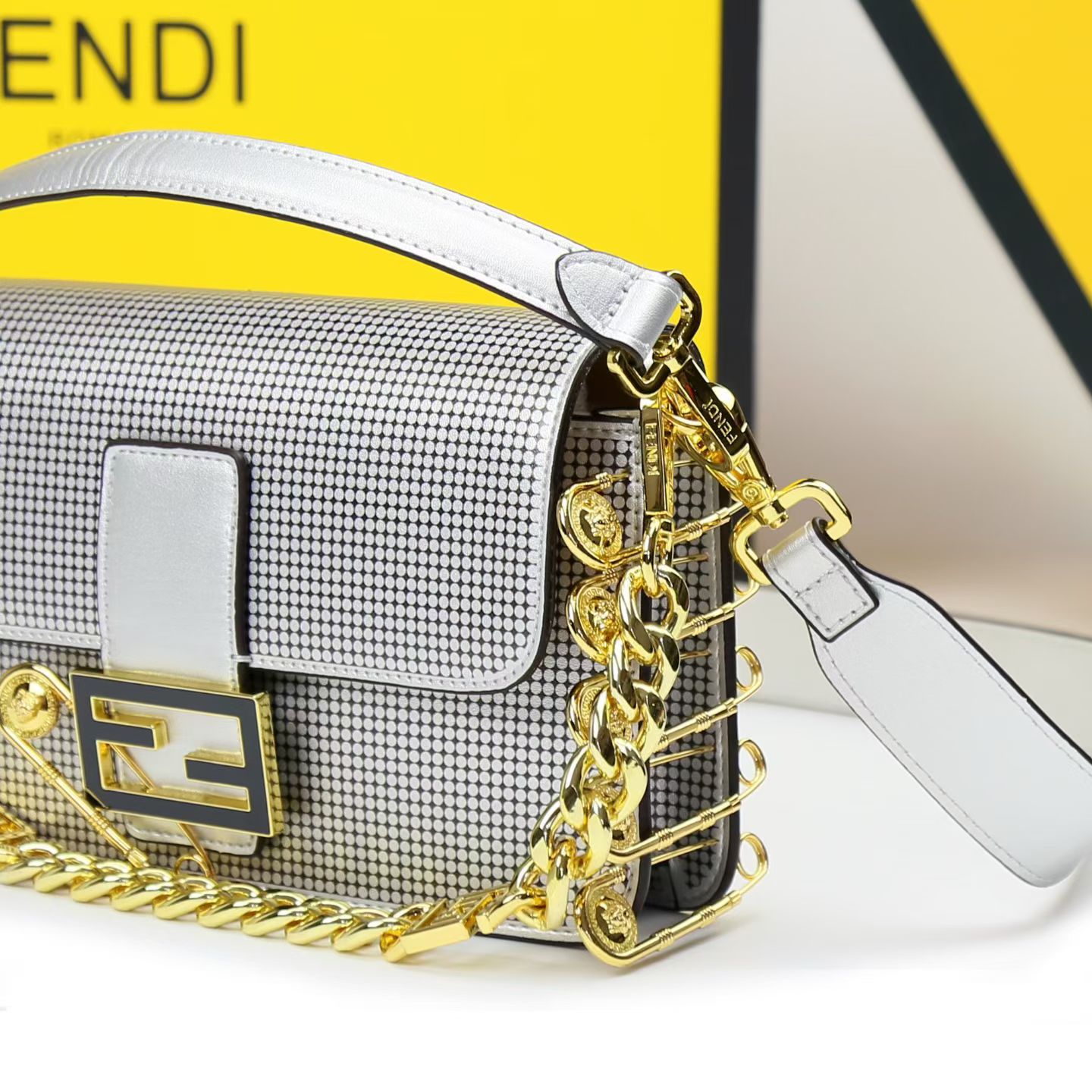 FENDI Baguette Silver Crossbody Bag