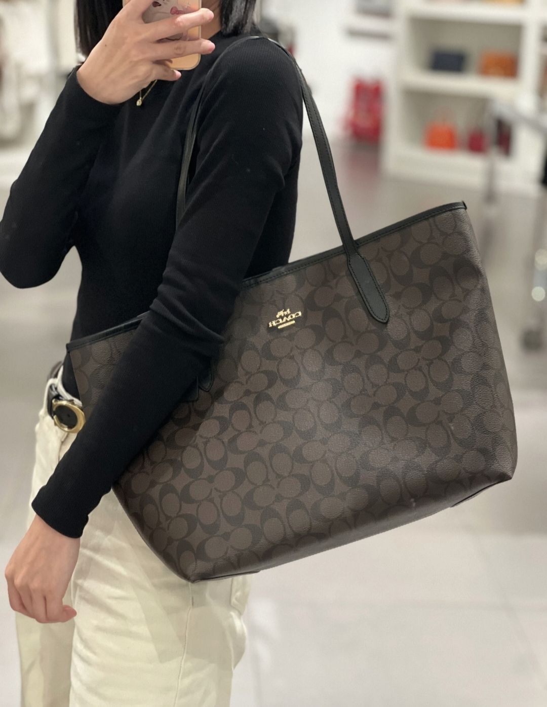 COACH City Tote Bag In Signature Canvas - Brown & Black