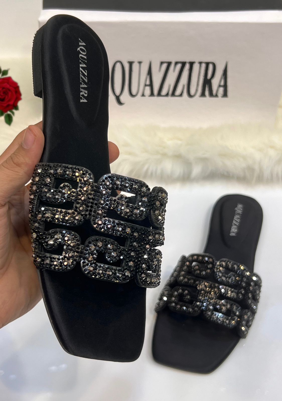 Aquazzura stones slippers- Black