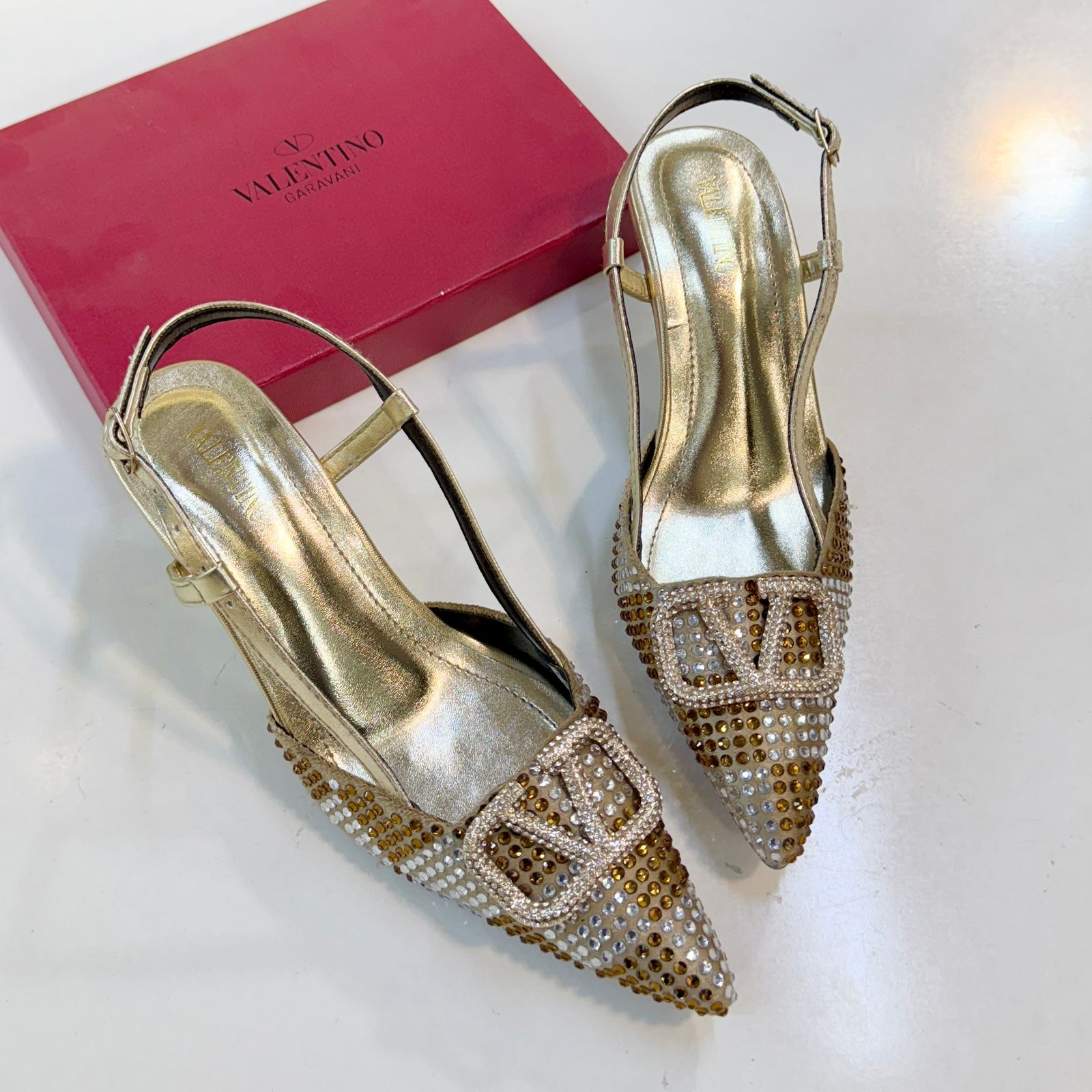 Valentino Garavani Slingback Crystal Stud Sandal - Golden