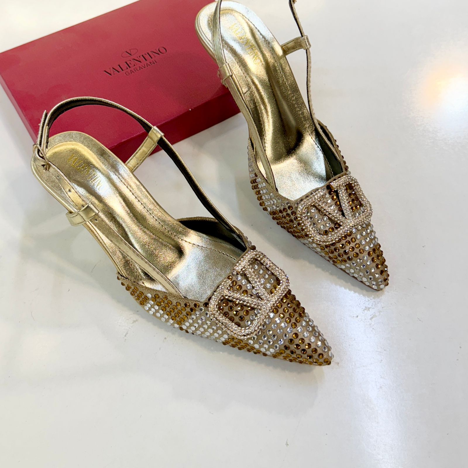 Valentino Garavani Slingback Crystal Stud Sandal - Golden