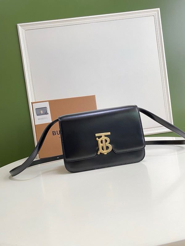 BURBERRY Calf Leather Gold TB Hardware Small Shoulder Bag - BLACK