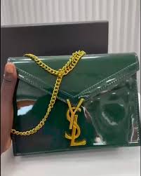 Saint Laurent Cassandra Patent Leather Wallet on a Chain - Green