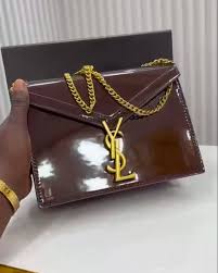 Saint Laurent Cassandra Patent Leather Wallet on a Chain - Chocolate Brown