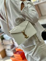 Saint Laurent Cassandra Patent Leather Wallet on a Chain - White