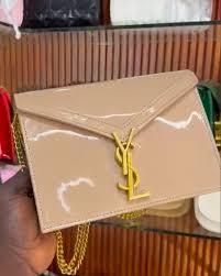Saint Laurent Cassandra Patent Leather Wallet on a Chain - Fawn