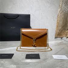 Saint Laurent Cassandra Patent Leather Wallet on a Chain - Brown